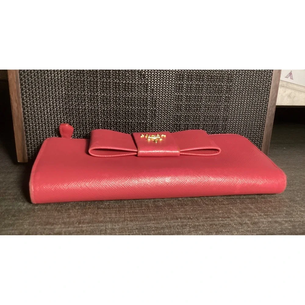 Prada Saffiano Leather Zip Around Wallet‎ Bow Accent Designer - Picture 7 of 13